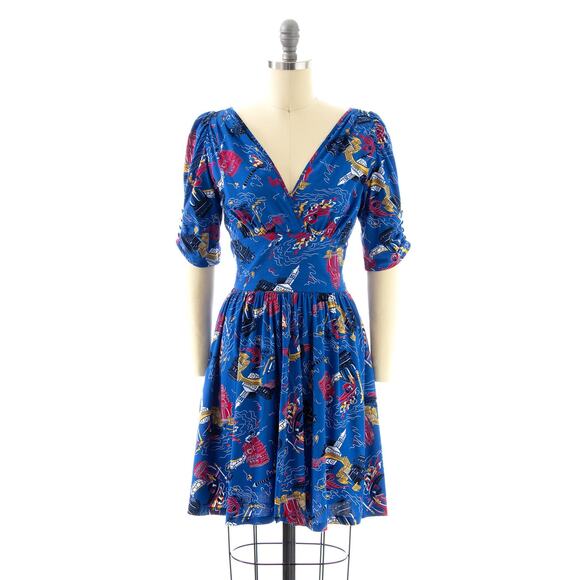 TRASHY DIVA Vintage Style Dress 1930s “Venice Nights” Italian Novelty Print Blue - Picture 2 of 10